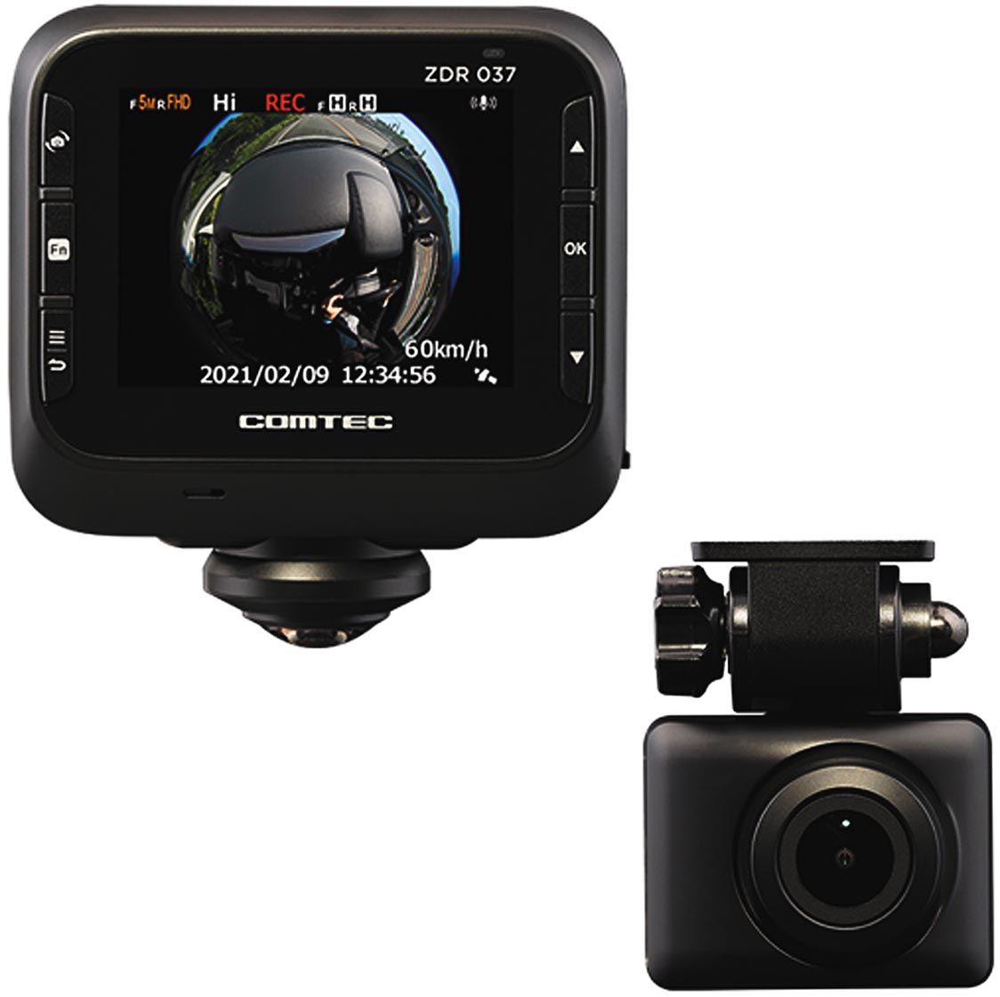コムテック、360度カメラ用いた2カメラ型ドライブレコーダー「ZDR037 