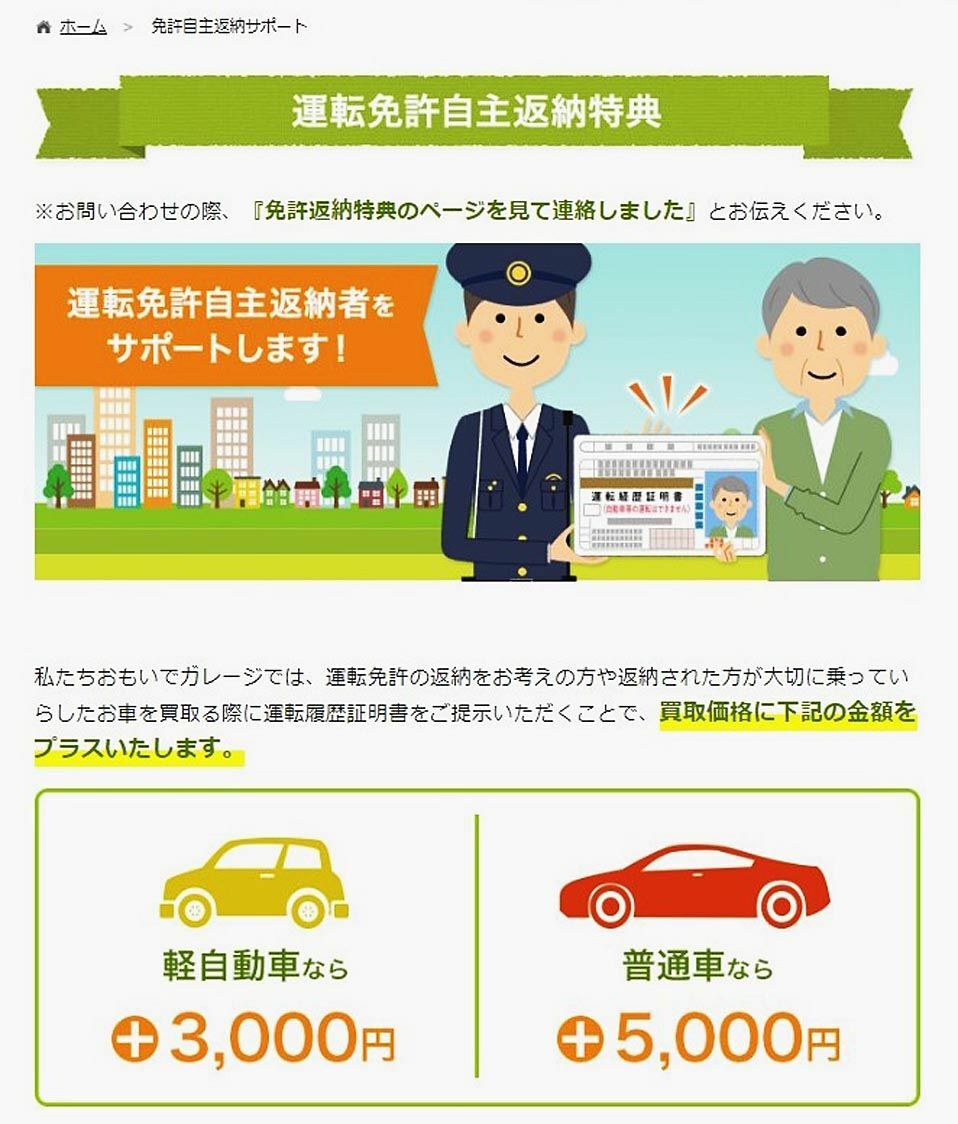 免許自主返納者に買い取り価格増額 おもいでガレージ 中古車流通 紙面記事